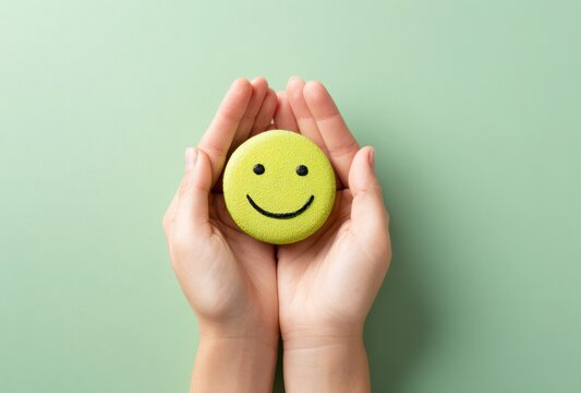 A close-up shot featuring a pair of hands gently cradling a vibrant yellow smiley face token.