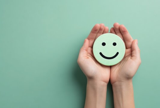 Hands holding a green smiley face against a plain background.Symbolizes positivity and well-being.