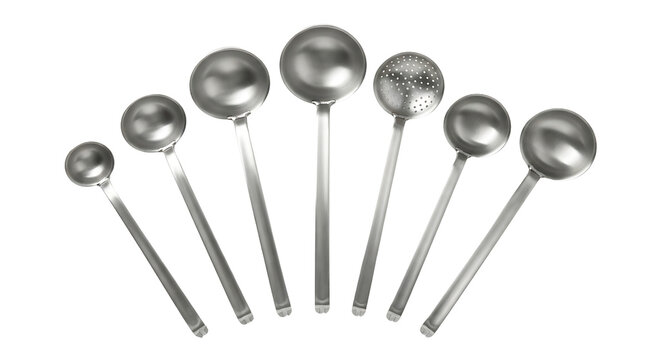 A collection of various sizes of stainless steel ladles and a skimmer, kitchen utensils for cooking and serving food.