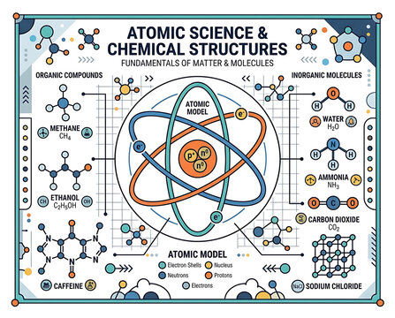 Colorful Infographic Illustrating Atomic Science and Chemical Structures with Molecular Models and Diagrams Against a White Background