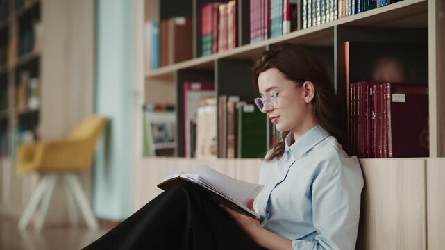 Woman wearing glasses reading book on floor in library surrounded by bookshelves