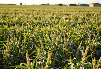 Fototapeta premium Sorghum crop field with mature grain heads under golden sunlight, agriculture and food production concept, Sustainable farming practices and the natural growth cycle of cereal grains