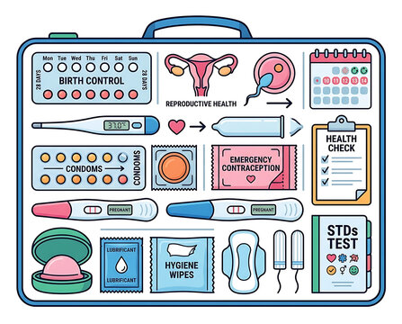Comprehensive Women's Health Kit Displaying Reproductive Health Contraception and STD Testing Supplies with Detailed Illustrations on a Blue Background