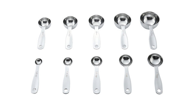 A set of stainless steel measuring spoons and cups with white handles, arranged in two rows on a white background.