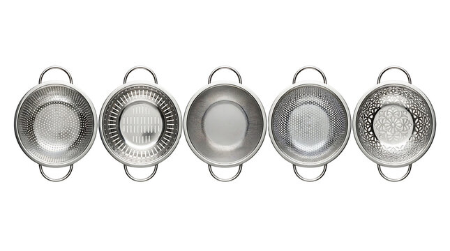 Five stainless steel colanders and bowls in a row, viewed from above on a white background.