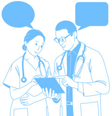 Fototapeta premium A blue-line illustration showing a doctor and a nurse collaborating during a health consultation