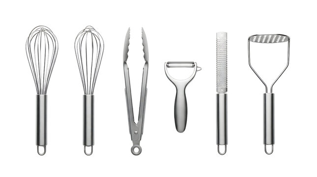 A collection of six stainless steel kitchen utensils, including whisks, tongs, a peeler, a knife, and a masher, arranged in a row against a white background.