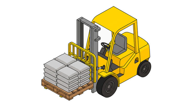 Yellow pallet truck lifting stacked construction sacks, Civil engineering presentation demonstration materials