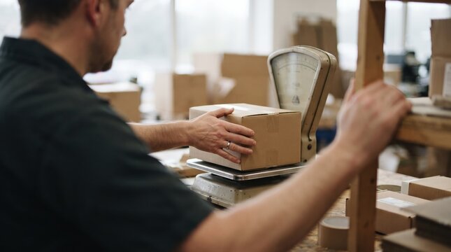 Inside a bustling warehouse, a dedicated worker carefully weighs a package on a scale. The scene captures the essential effort behind shipping and delivery processes within the busy environment.