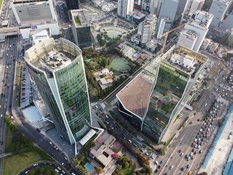 Aerial view of modern glass skyscrapers and office buildings in the financial district of San Isidro, Provincia de Lima, Peru.