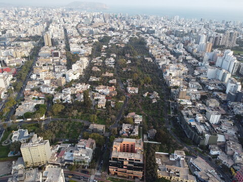 Aerial view of Bosque El Olivar, a historic olive grove park surrounded by modern residential buildings and urban streets in San Isidro, Provincia de Lima, Peru.