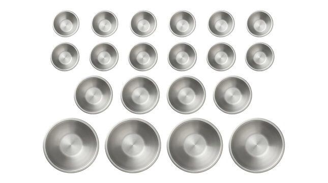 A collection of various sized silver metallic circular objects with a brushed finish, arranged on a white background.