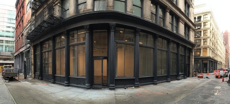 Corner Building with Large Windows in Urban Setting.
