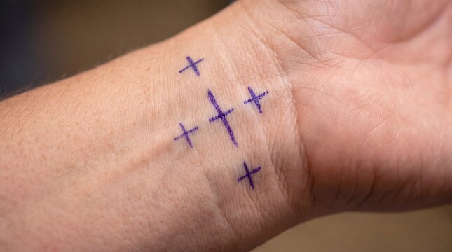 Surgical marker drawing cross sign on man wrist for skin incision planning. Medical procedure preparation in hospital. Professional preoperative marking for plastic surgery accuracy.