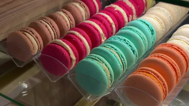 Colorful macarons coffee shop window close-up, rows of teal pink orange and brown shells arranged on clear tray inside warm lit