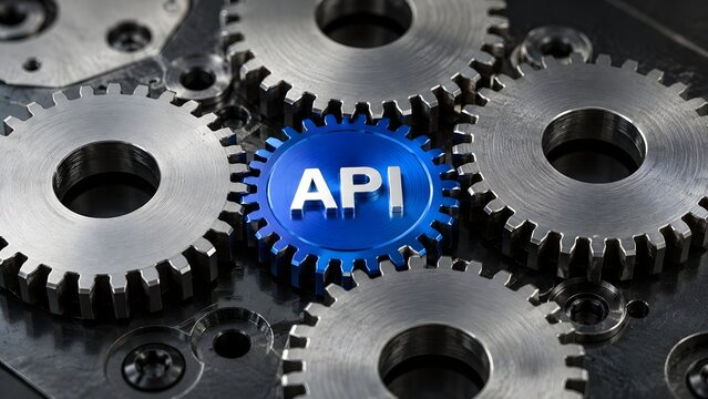 API automation gear operating within industrial machinery represents seamless software integration and process orchestration