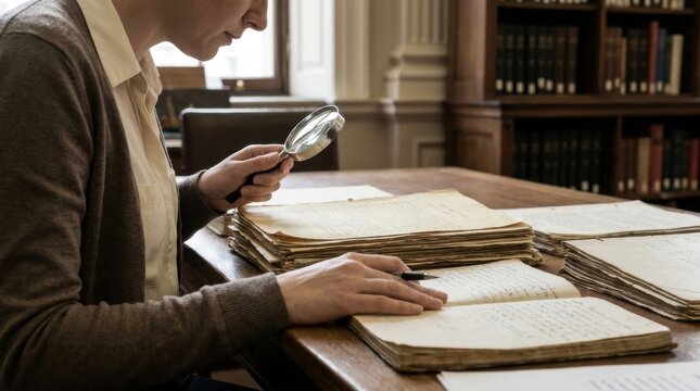 Archival Research: Library researcher exploring archival collections in a heritage reading room