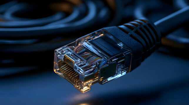 Ethernet cable connector close up on dark blue background