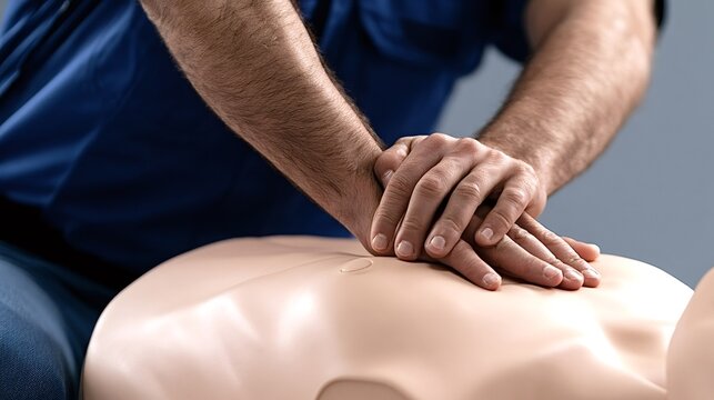 Hands of a person performing cardiopulmonary resuscitation chest compressions on a medical training mannequin during a first aid course, practicing emergency life saving skills