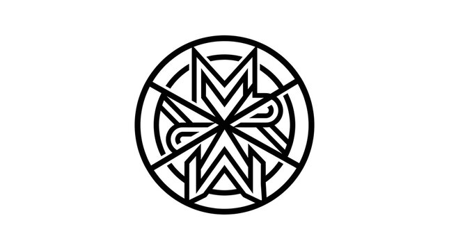 Circular radial monogram logo with geometric line art and symmetrical segmented shapes. Black and white modern emblem ideal for branding, architecture, consulting, technology, esports, creative agenci