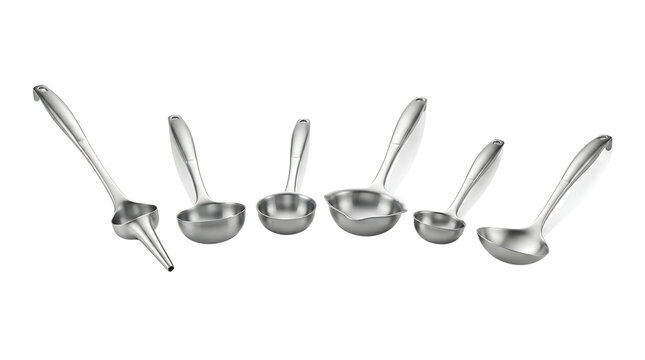 A collection of six shiny stainless steel kitchen ladles of various sizes, including one with a pouring spout, arranged on a white background.