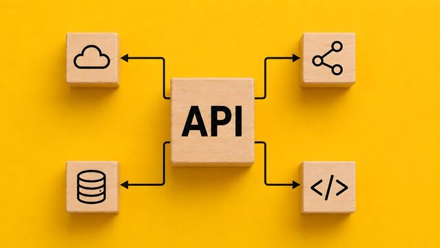 API integration hub distributes connections to cloud sharing code and database services on yellow background