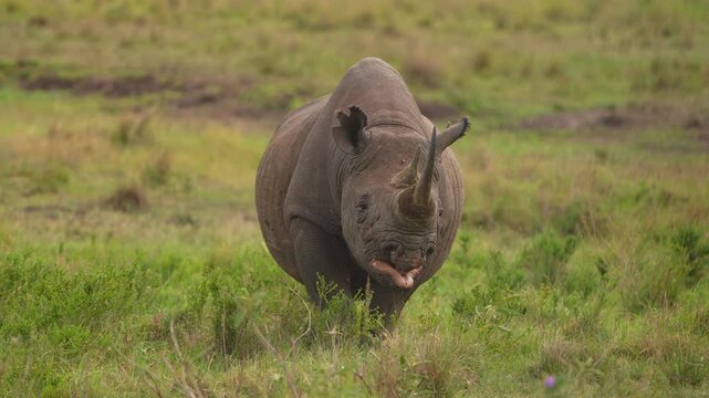Black Rhinoceros Exploring the African Savannah While Feeding Naturally