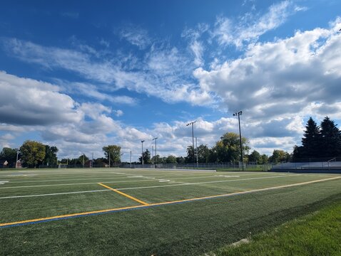 Scenic view of a sports field under a cloudy sky.
