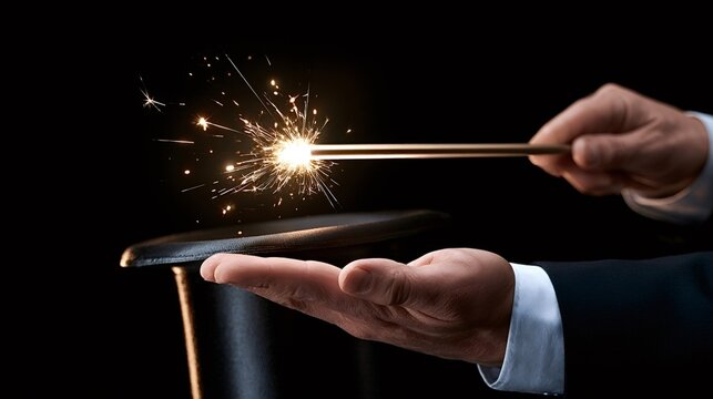 Magician's hands performing a magic trick, holding a wand emitting bright sparks over a classic top hat and an open palm, symbolizing illusion, mystery, and entertainment against a dark background