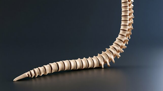 Human spine model displaying a curved column of individual vertebrae, illustrating skeletal structure and supporting health, medicine, and chiropractic concepts on a dark background