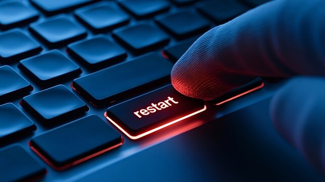 Finger pressing a red glowing restart button on a backlit keyboard, symbolizing problem solving, system reinitialization, and quick technical troubleshooting for computing and digital operations