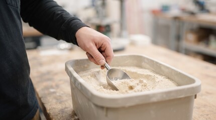 Fototapeta premium In a bustling workshop filled with tools, a person carefully stirs flour with a scoop. The light shines on the flour as excitement builds for the next baking adventure.