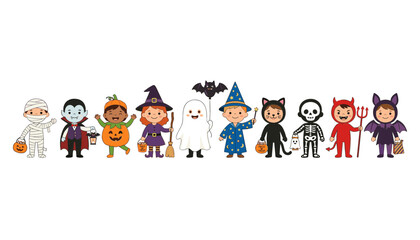Naklejka premium Cute Kids in Halloween Costumes Vector Set with Vampire, Witch, Ghost, and Skeleton Characters for Party and Kids Designs