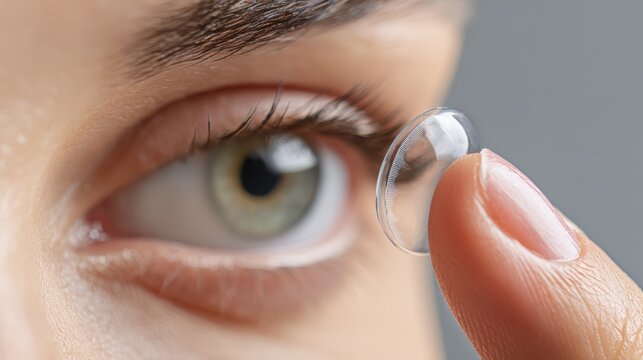 Close-up of eye with contact lens application for vision correction and comfort