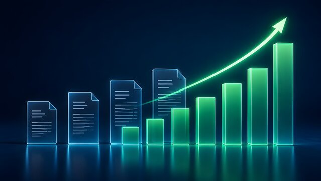Document driven business growth represented by rising green bar chart and upward arrow beside digital reports