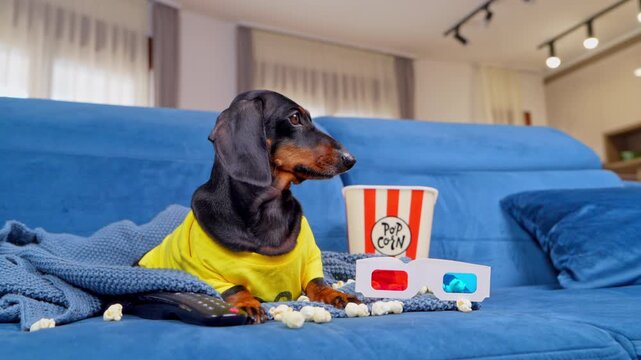 A black and tan dachshund dog in a yellow shirt lounges on a blue sofa beside a popcorn tub, anaglyph glasses and a remote at home, a funny take on home entertainment and streaming habits.