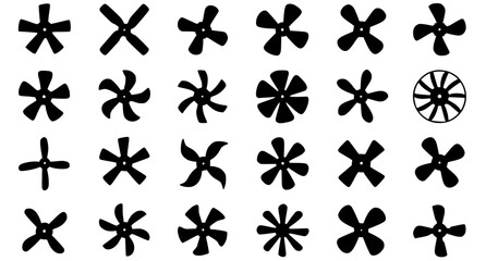 Fototapeta premium Premium black propeller and fan rotor silhouette vector collection with multiple blade styles isolated on white background