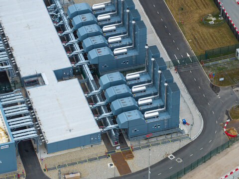 Aerial view of the Google data center featuring large industrial cooling units and complex ventilation systems in Winschoten, Netherlands.
