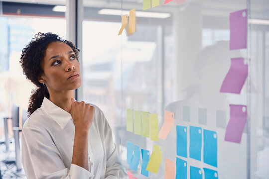 Businesswoman brainstorms strategy on glass wall in London office