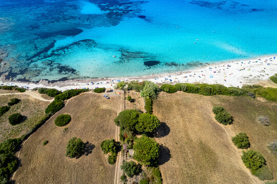 Aerial view of Plage de Ghjunchitu with its turquoise waters, sandy beach, and surrounding dry grassy fields in Corbara, Corse, France.
