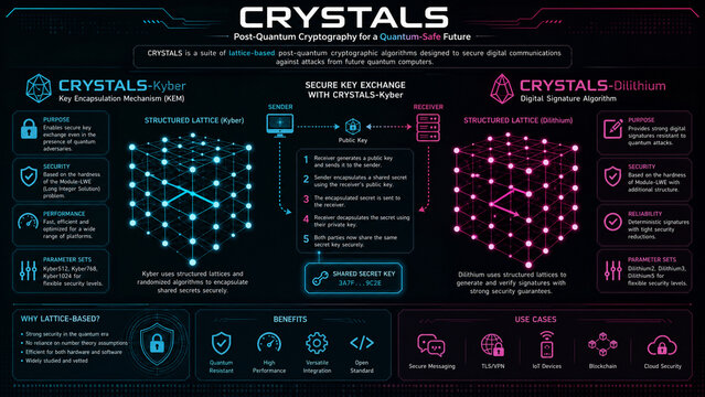 Infographic of CRYSTALS-Kyber and CRYSTALS-Dilithium post-quantum cryptographic algorithms and lattice structures