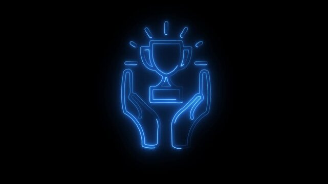 Hands holding winning trophy cup blue glowing neon line icon