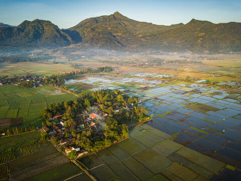 Aerial view of Sraten Enam village surrounded by lush green rice paddies and flooded fields, with distant mountains under a clear sky in Tuntang, Central Java, Indonesia.