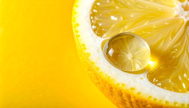 Fresh lemon wedge on vibrant yellow background with water drop and copy space, refreshing citrus concept for beverage advertising and product branding