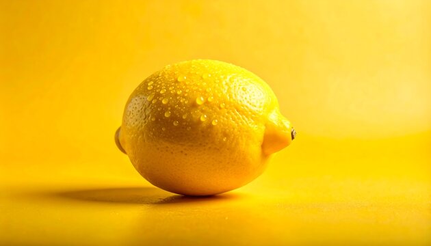 Horizontal image featuring a fresh yellow lemon covered in tiny water droplets, centered against a vibrant yellow background. Ideal for culinary content, healthy diet concepts, advertising, and refres