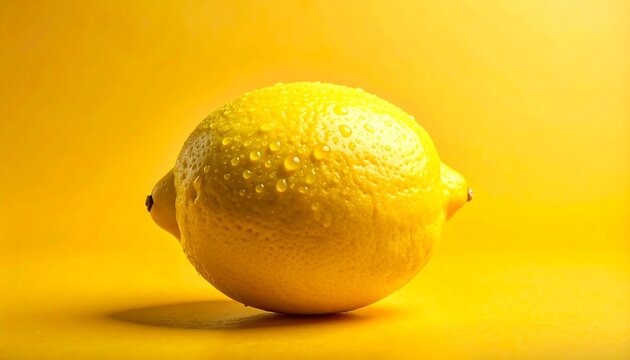 Horizontal image featuring a fresh yellow lemon covered in tiny water droplets, centered against a vibrant yellow background. Ideal for culinary content, healthy diet concepts, advertising, and refres