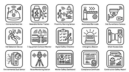 Fototapeta premium Industrial smart safety icons, 15 construction site technology line symbols, digital worker monitoring and compliance vector set