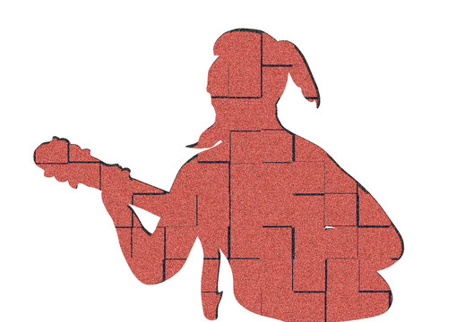 Red with black lines silhouette of guitarist with beard and hair in a ponytail
