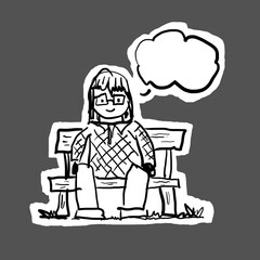 Girl sitting on bench illustration in a hand drawn sketch style, with a thoughtful expression and speech bubble, isolated on a plain background for lifestyle and communication concepts.