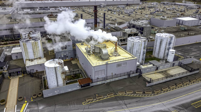 Aerial view of a large factory building with steam rising from vents, surrounded by industrial storage tanks and paved parking areas in Danbury, Connecticut, United States.